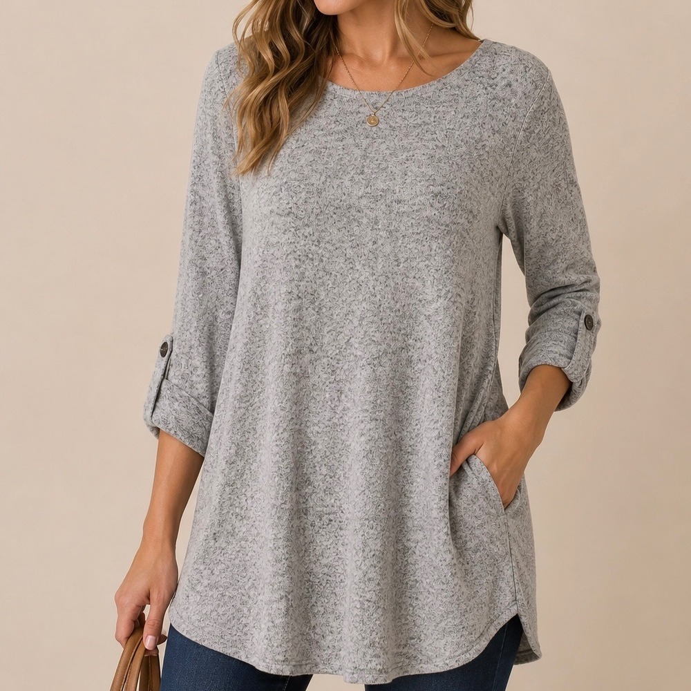 APT. 9‎ Heather Gray Marled Knit Tunic Top SM Soft Stretch Roll Tab Sleeve Boho